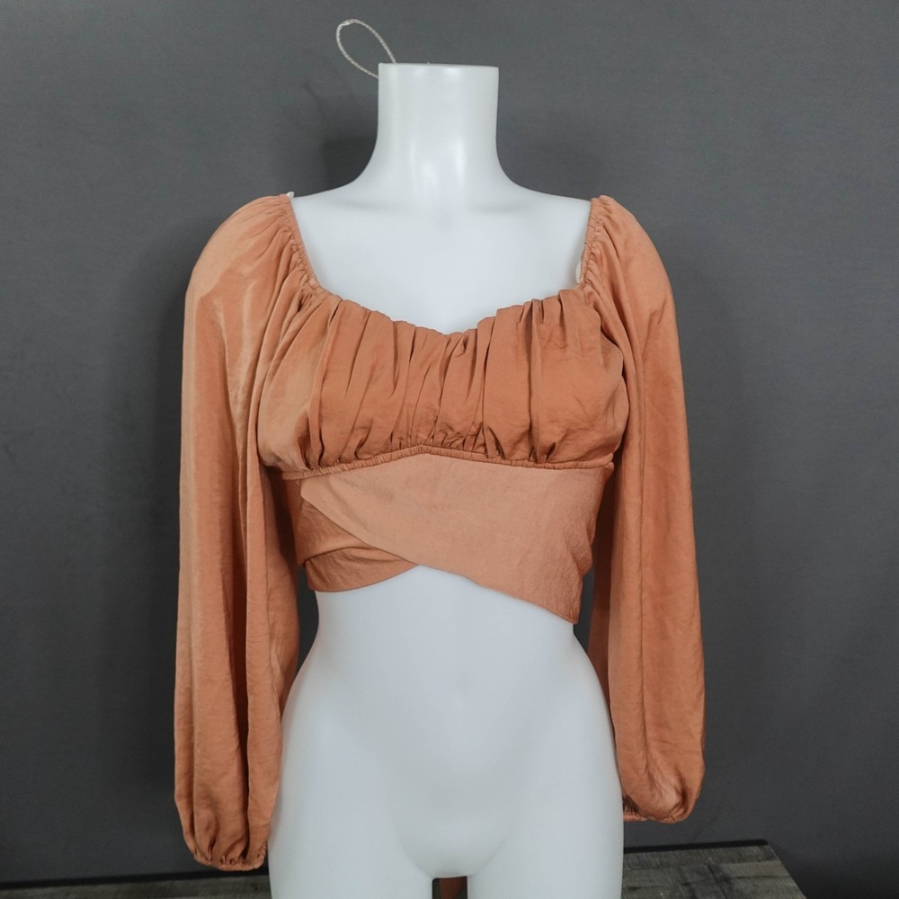 Forever 21 Womens Top Medium Brown Cropped Satin Renaissance Milk Maid Back Tie